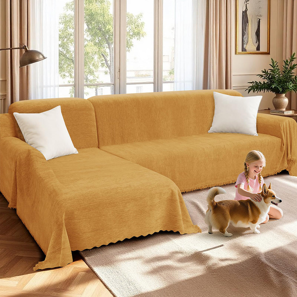 Chenille Couch Covers for Sectional Sofa L Shape Sofa Cover Blanket with Tassel 2-Piece L Shaped Sectional Slipcovers with Chaise Washable Pet Dog Furniture Protector