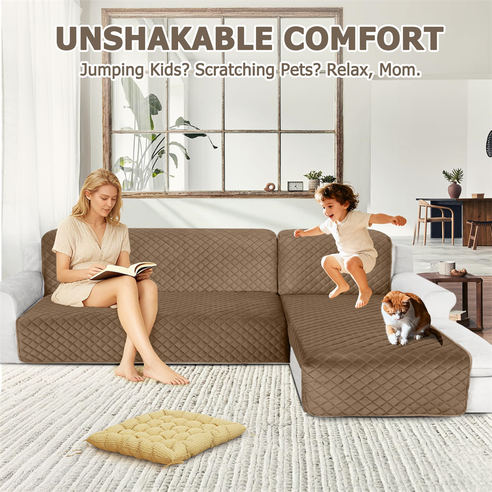 Waterproof Sectional Couch Covers Velvet Quilted 2-Pieces L Shape Sofa Cover Washable Thick Non Slip Sectional Slipcovers with Chaise Furniture Protector for Dogs Pets