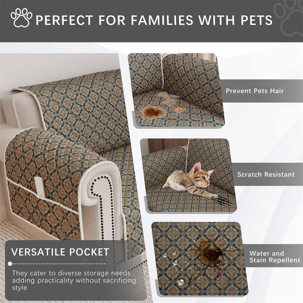 100% Waterproof Couch Cover for 3 Cushion Couch Sofa Pet Friendly Sofa Covers Washable Printed Non Slip Furniture Protector Slipcovers with Pockets for Dogs