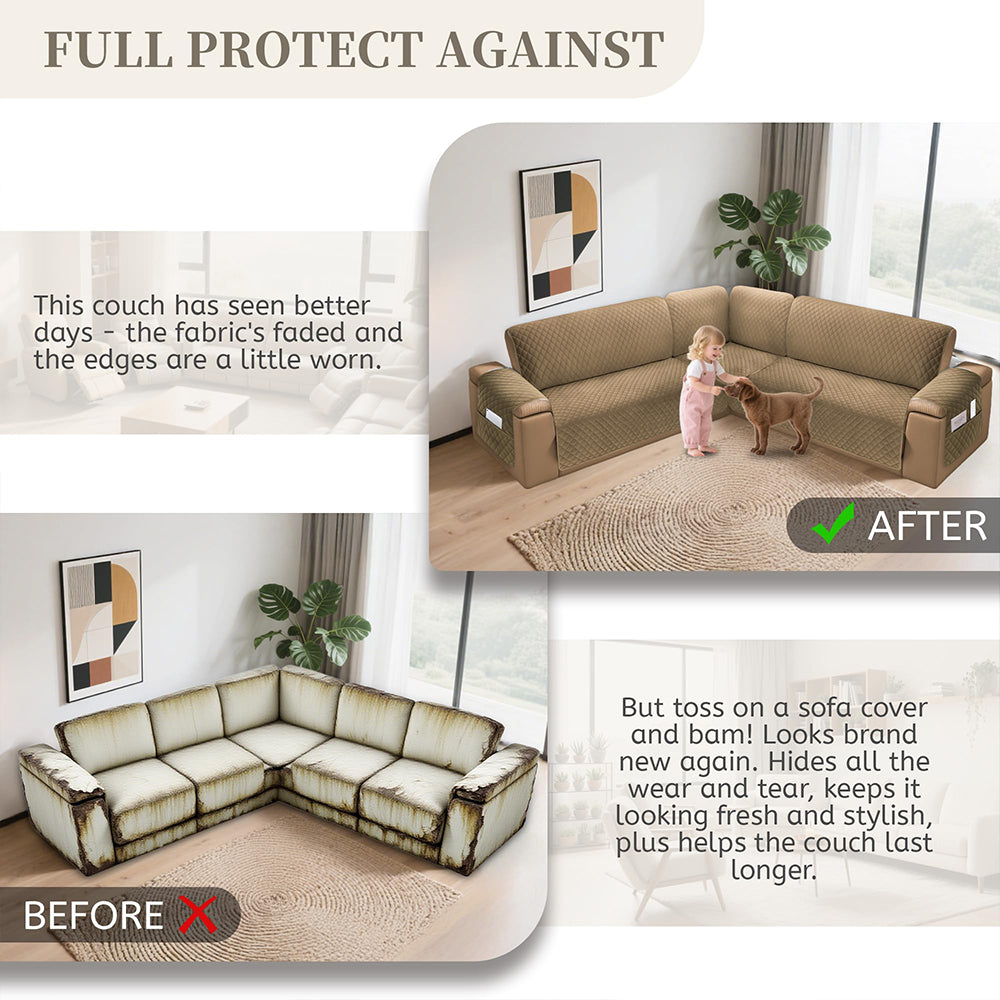 Sectional Couch Covers for Dogs 100% Waterproof Corner L Shaped Sofa Cover Pet Friendly Velvet Washable Anti Slip L Shape Modular Sofa Slipcover Protector with Pockets