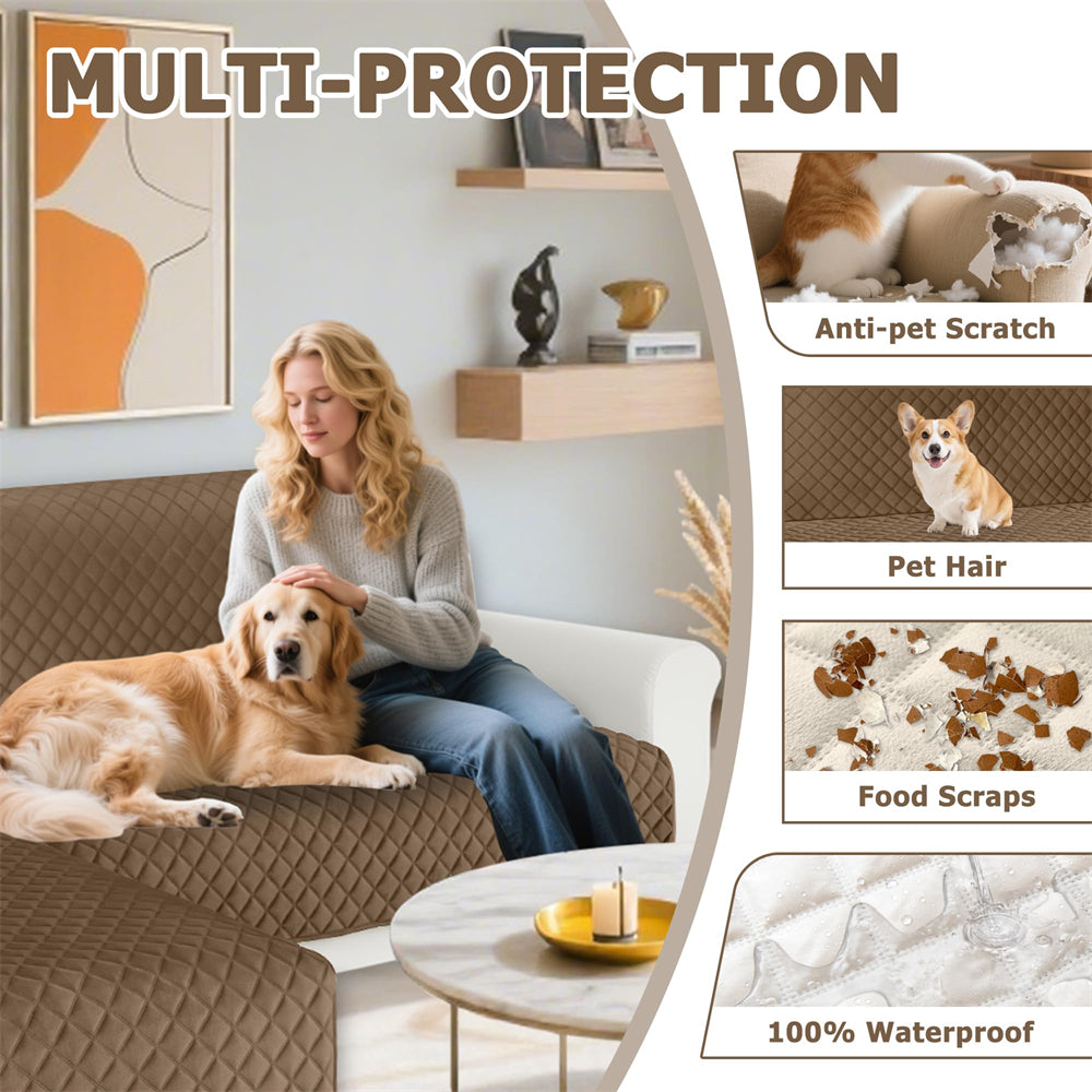 Waterproof Sectional Couch Covers Velvet Quilted 2-Pieces L Shape Sofa Cover Washable Thick Non Slip Sectional Slipcovers with Chaise Furniture Protector for Dogs Pets